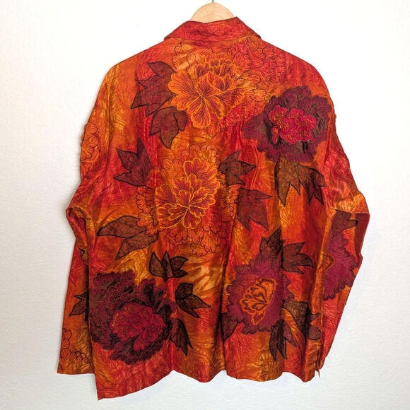 Chico’s Silk Organza Rust Orange Autumn Floral Button Up Top Women L Sz 2 Artsy - Picture 2 of 14